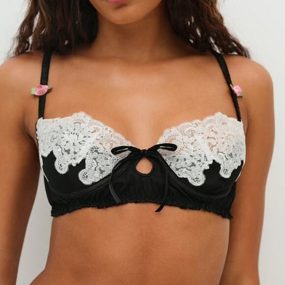 For Love & Lemons Maeve Underwire Bra Black White Lace Rosettes Womens NEW 36DD - Picture 1 of 11